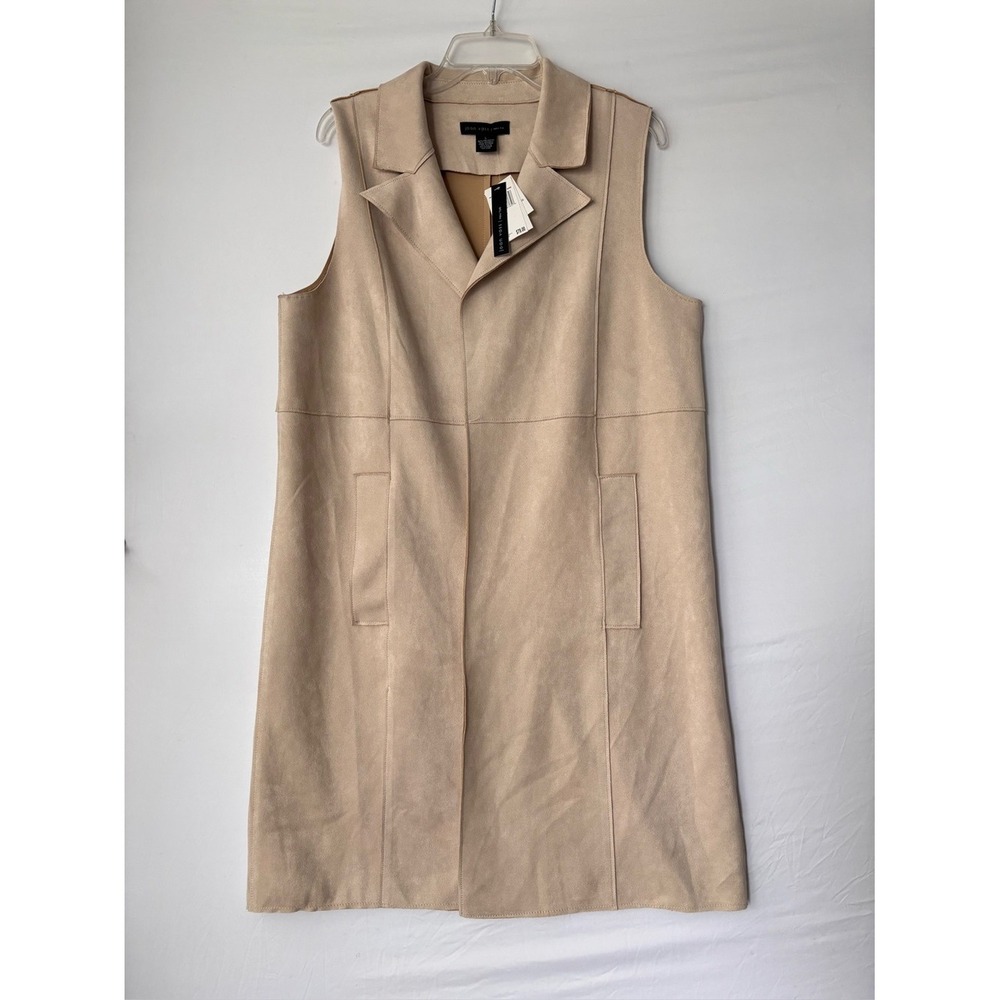 Joan Vass New York Faux Leather Longline Vest Bone Beige Sleeveless L NWT